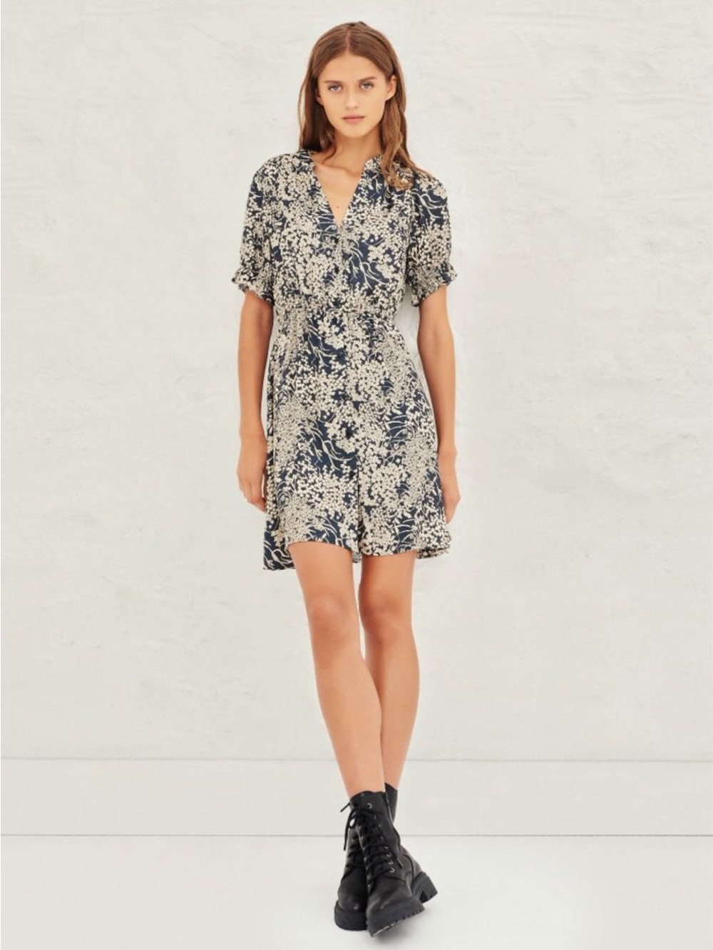 BA&SH Maia Floral Ditsy Puff Short Sleeve Button Front Sun Dress